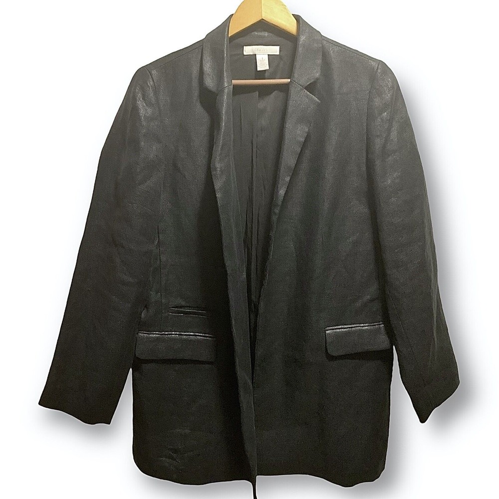 Chicos Sz 1 Black Linen Oversized Blazer Jacket Womens Medium Pockets Lagenlook